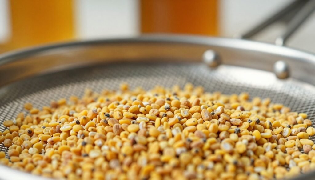 A close-up image of coarse straining pollen, showcasing the intricate details of the pollen grains with a focus on texture and shape. In the foreground, clusters of golden-yellow pollen grains are arranged in a fine mesh strainer, with some grains tumbling out. The middle layer captures a stainless steel filtration setup, reflecting light and emphasizing a clean, sterile environment. The background features a softly blurred view of honey jars and beekeeping tools, hinting at the broader context of honey filtration. Use soft, natural lighting to create a warm atmosphere, enhancing the golden hues of the pollen. The lens should be macro-focused to highlight the fine details, creating an informative yet inviting visual.