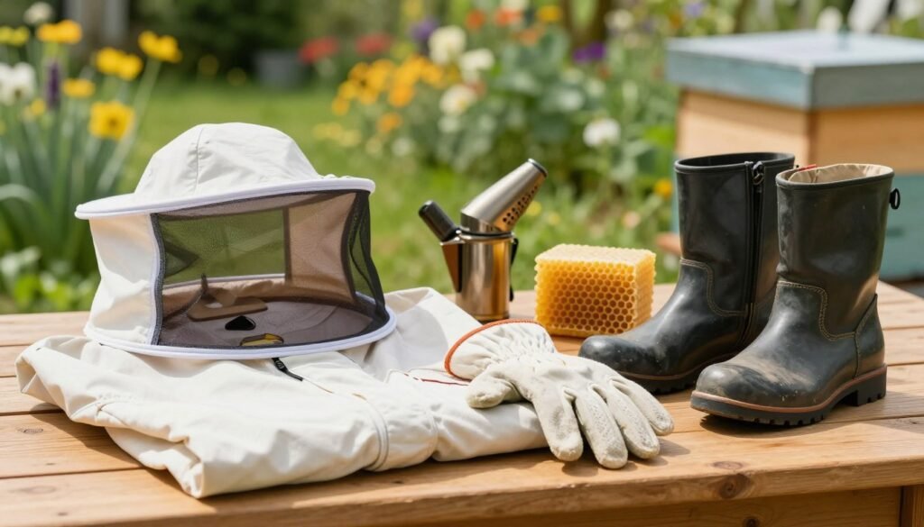A close-up image of essential beekeeping safety equipment arranged neatly on a wooden table. In the foreground, display a protective beekeeper's suit with a veil, gloves, and sturdy boots, emphasizing the intricate details and textures of the fabric. In the middle ground, include a smoker and beeswax, showcasing their significance in bee handling. The background features a blurred view of a sunny, vibrant garden with blooming flowers and a beehive, creating a lively, harmonious setting. Soft, natural lighting highlights the equipment, conveying a sense of preparedness and safety. The overall mood should reflect professionalism and respect for nature, perfect for showcasing the importance of safety in beekeeping.