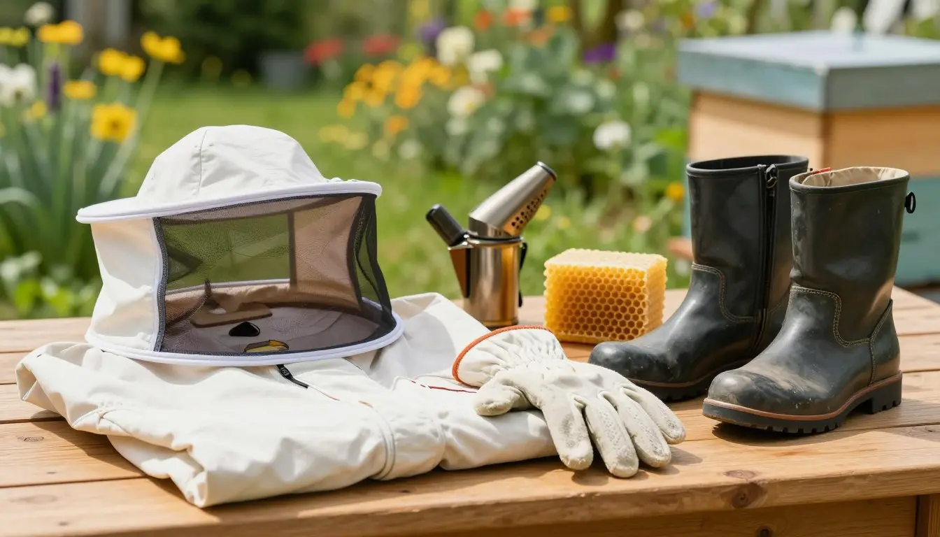 A close-up image of essential beekeeping safety equipment arranged neatly on a wooden table