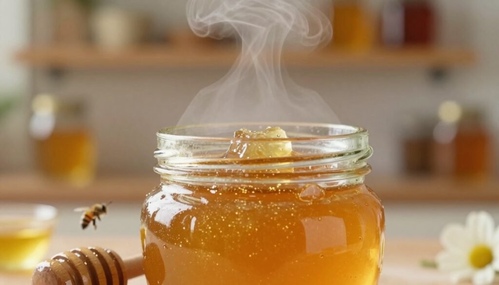 A close-up image of golden honey decrystallizing in a transparent glass jar, with steam rising gently from the warm honey's surface. In the foreground, a small wooden honey dipper rests against the jar, glistening in the soft, warm light. The middle ground features a subtle reflection of a kitchen with warm wooden shelves and honey jars, creating a cozy atmosphere. The background includes blurred natural elements like flowers and bees, suggesting the source of honey. The lighting is soft and diffused, highlighting the honey's textures and colors, evoking a sense of warmth and comfort. The overall mood is inviting and serene, perfect for showcasing the process of decrystallizing honey. A close-up image of golden honey decrystallizing in a transparent glass jar, with steam rising gently from the warm honey's surface. In the foreground, a small wooden honey dipper rests against the jar, glistening in the soft, warm light. The middle ground features a subtle reflection of a kitchen with warm wooden shelves and honey jars, creating a cozy atmosphere. The background includes blurred natural elements like flowers and bees, suggesting the source of honey. The lighting is soft and diffused, highlighting the honey's textures and colors, evoking a sense of warmth and comfort. The overall mood is inviting and serene, perfect for showcasing the process of decrystallizing honey.