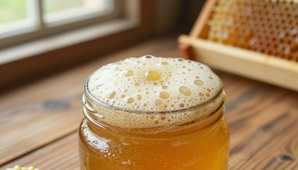 A close-up image of honey foam in a glass jar, showcasing its delicate bubbles and golden color. In the foreground, the jar is centered with light reflecting off its surface, capturing the intricate texture of the foam atop the honey. The middle ground features a rustic wooden table, conveying a natural, homely feel. In the background, blurred soft light hints at an organized beekeeping workspace, including wooden frames and honeycomb. The lighting is warm and inviting, with natural sunlight streaming through a nearby window, creating a cozy atmosphere. The focus is sharp on the honey foam, inviting the viewer to appreciate its beauty and significance in the bottling process. A close-up image of honey foam in a glass jar, showcasing its delicate bubbles and golden color. In the foreground, the jar is centered with light reflecting off its surface, capturing the intricate texture of the foam atop the honey. The middle ground features a rustic wooden table, conveying a natural, homely feel. In the background, blurred soft light hints at an organized beekeeping workspace, including wooden frames and honeycomb. The lighting is warm and inviting, with natural sunlight streaming through a nearby window, creating a cozy atmosphere. The focus is sharp on the honey foam, inviting the viewer to appreciate its beauty and significance in the bottling process.