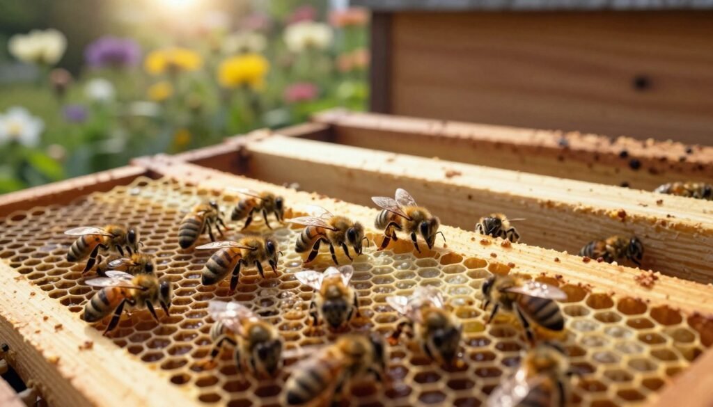 A close-up image of honeycomb frames filled with bees, showcasing the intricate details of their hexagonal structure. In the foreground, several bees are actively pollinating and tending to their hive, highlighting their role in hive strength and productivity. The middle of the image features a few empty frames stacked against a wooden background, symbolizing the documentation of hive activity. In the background, a soft-focus garden with blooming flowers adds a natural element, while gentle sunlight filters through, casting a warm glow. The atmosphere should feel peaceful and industrious, emphasizing the harmony of bees and their environment, shot from a slightly elevated angle to provide a clear view of the frames and bees. A close-up image of honeycomb frames filled with bees, showcasing the intricate details of their hexagonal structure. In the foreground, several bees are actively pollinating and tending to their hive, highlighting their role in hive strength and productivity. The middle of the image features a few empty frames stacked against a wooden background, symbolizing the documentation of hive activity. In the background, a soft-focus garden with blooming flowers adds a natural element, while gentle sunlight filters through, casting a warm glow. The atmosphere should feel peaceful and industrious, emphasizing the harmony of bees and their environment, shot from a slightly elevated angle to provide a clear view of the frames and bees.