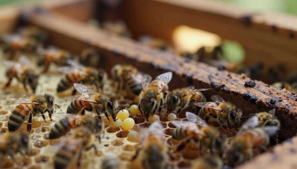 A close-up image of laying worker bees within a queenless hive, showcasing their distinctive characteristics. In the foreground, a cluster of bees is seen on honeycomb, with several bees displaying fertilized eggs and small larvae in their cells. The middle ground features a dark, wooden hive frame, slightly blurred for depth, highlighting the chaos of a queenless colony. In the background, the interior of the hive is visible, dimly lit with warm, natural light emanating from a small opening, casting soft shadows on the comb. The atmosphere is both tense and dynamic, conveying the challenges faced by the colony. The image is captured with a macro lens, emphasizing detail and texture, with a slightly tilted-angle perspective to enhance visual interest.