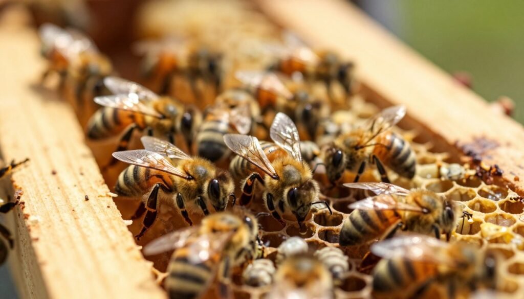 A close-up image of nurse bees tending to their brood within a honeycomb frame. In the foreground, focus on several bees delicately caring for larvae, showcasing their fuzzy bodies and intricate wing patterns. The middle ground features a cluster of honeycomb cells filled with developing pupae, some capped with wax, revealing different stages of growth. The background fades into a softly blurred hive interior, with warm golden hues emanating from natural sunlight filtering through the hive entrance. The mood is lively yet serene, reflecting the nurturing environment of the bee colony. Capture this scene with a macro lens, ensuring sharp detail on the bees and brood, while keeping a soft bokeh effect in the background for aesthetic depth.