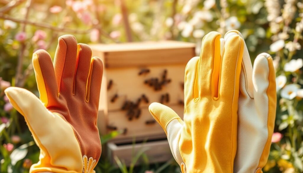 A close-up image of seasonal beekeeping gloves, showcasing intricate stitching and durable materials ideal for novice apiary work. In the foreground, the gloves are spread open, displaying vibrant colors that reflect the different seasons—bright yellow for summer, earthy brown for fall, and light fabric for spring. In the middle ground, a wooden beehive adorned with busy bees can be seen, emphasizing the gloves' practical use. The background features a soft-focus garden with blooming flowers, representing bee-friendly plants. The scene is bathed in warm, natural sunlight, creating a tranquil and inviting atmosphere, with a shallow depth of field focused on the gloves. Capture the essence of seasonal beekeeping, highlighting both functionality and aesthetic appeal.