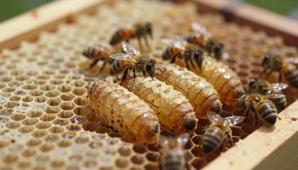 A close-up image of several bee queen cells nestled within a honeycomb frame, showcasing their distinct, elongated shapes and glistening wax surfaces. The foreground features the queen cells in sharp focus, highlighting their smooth, golden color and intricate details. In the middle, worker bees are gently tending to the cells, adding life to the scene. The background is blurred, displaying more honeycomb with scattered empty cells, creating depth. Soft, natural lighting emanates from the top left, casting delicate shadows that enhance the texture of the wax and the bees. The overall mood is calm and industrious, reflecting the important process of evaluating queen cells in beekeeping.
