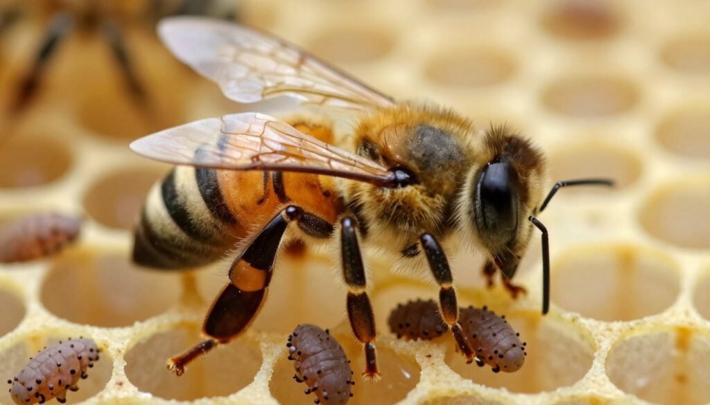 A close-up image of varroa mites on a honeybee, illustrating their management of parasitic mite syndrome. In the foreground, focus on several varroa mites clinging to the bee’s thorax, detailed with fine hairs and textures. The middle ground shows the bee with transparent wings, captured in natural lighting that highlights its anatomy. In the background, a blurred view of honeycomb cells, some uncapped, revealing moisture pockets that provide an environment for the mites. The atmosphere feels tense yet scientifically intriguing, with an emphasis on the interaction between the mites and the bee. The shot is taken from a low angle to emphasize the mite's presence and the bee's vulnerability, creating a sense of urgency. A close-up image of varroa mites on a honeybee, illustrating their management of parasitic mite syndrome. In the foreground, focus on several varroa mites clinging to the bee’s thorax, detailed with fine hairs and textures. The middle ground shows the bee with transparent wings, captured in natural lighting that highlights its anatomy. In the background, a blurred view of honeycomb cells, some uncapped, revealing moisture pockets that provide an environment for the mites. The atmosphere feels tense yet scientifically intriguing, with an emphasis on the interaction between the mites and the bee. The shot is taken from a low angle to emphasize the mite's presence and the bee's vulnerability, creating a sense of urgency.