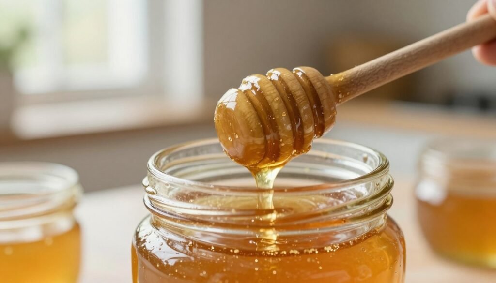 A close-up image of warm, raw honey in a clear glass jar, glistening with a golden hue. The foreground features a wooden honey dipper resting on the edge of the jar, with a few drops of honey delicately dripping off it. In the middle ground, a small pot of partially crystallized honey can be seen, hinting at the warming process. The background showcases a softly blurred kitchen setting with natural lighting filtering through a window, creating a warm and inviting atmosphere. The scene captures the essence of comforting, wholesome natural products, emphasizing the gentle beauty of warming honey without using direct heat sources. The focus is on the honey's texture and color, evoking a sense of warmth and care in food preparation.