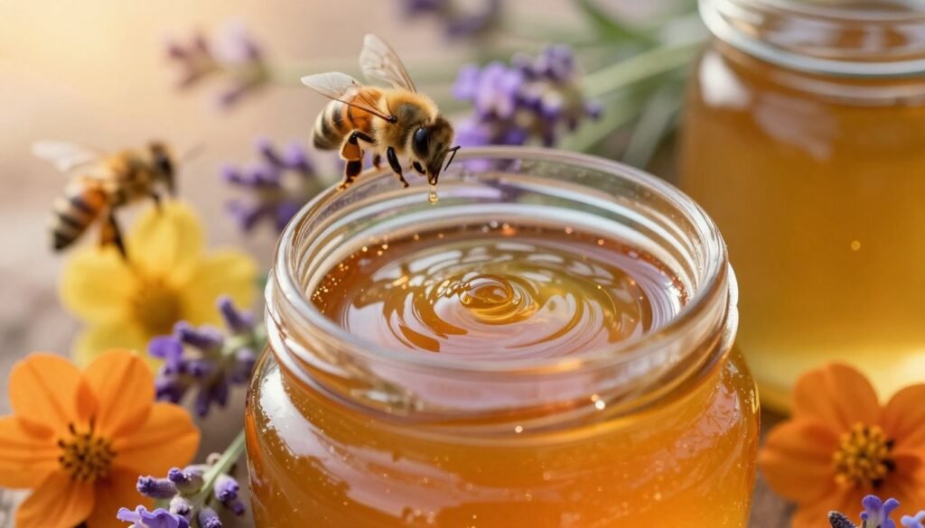 A close-up image showcasing the intricate nectar signatures found in different types of honey. In the foreground, focus on a glass jar filled with golden, viscous honey, reflecting light with a glossy sheen. Swirling patterns of lighter and darker shades of amber should be visible, illustrating the unique floral sources. In the middle ground, include delicate flowers like lavender and orange blossoms, their vibrant colors adding contrast and representing the floral origins of the honey. In the background, softly blurred bees at work can be hinted at, emphasizing the connection between bees and floral sources. The lighting is warm and inviting, with golden hour sunlight filtering through, creating a serene and captivating atmosphere that emphasizes the natural beauty of honey and its floral influences. A close-up image showcasing the intricate nectar signatures found in different types of honey. In the foreground, focus on a glass jar filled with golden, viscous honey, reflecting light with a glossy sheen. Swirling patterns of lighter and darker shades of amber should be visible, illustrating the unique floral sources. In the middle ground, include delicate flowers like lavender and orange blossoms, their vibrant colors adding contrast and representing the floral origins of the honey. In the background, softly blurred bees at work can be hinted at, emphasizing the connection between bees and floral sources. The lighting is warm and inviting, with golden hour sunlight filtering through, creating a serene and captivating atmosphere that emphasizes the natural beauty of honey and its floral influences.