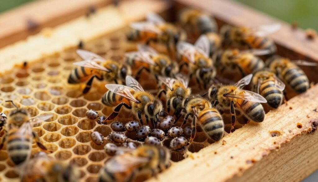A close-up image showcasing the signs of European foulbrood in honeybee brood frames. In the foreground, focus on partially developed bee larvae exhibiting the characteristic twisted, darkened appearance typical of the disease, surrounded by empty, sunken cells. The middle ground features healthy worker bees tending to the brood, showcasing their vibrant yellow and black bodies. The background is a blurred view of a wooden beehive, with warm, natural lighting filtering in to highlight the textures of the bees and the hive. The atmosphere is serious yet educational, capturing the urgency of recognizing this brood disease. The composition should be sharp and detailed, emphasizing the intricate features of the affected larvae and the environment.