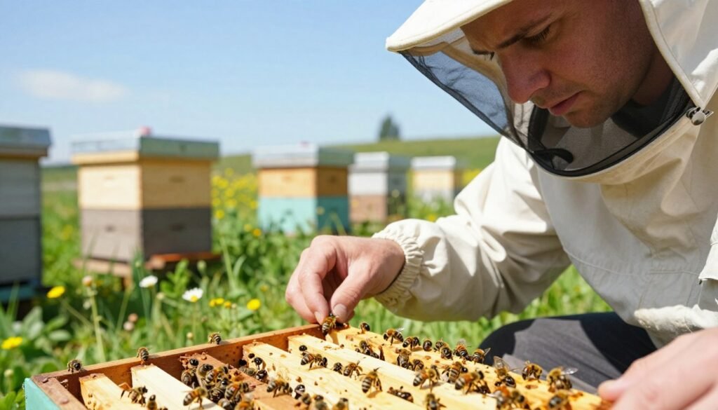 A close-up inspection scene of a beekeeper wearing professional attire, examining a beehive frame under bright, natural sunlight. In the foreground, the beekeeper focuses intently on the frame, revealing intricate details of bees and potential signs of disease, such as deformed wings and abnormal behavior. In the middle ground, several wooden beehives are arranged, surrounded by wildflowers and greenery, indicating a thriving environment. The background showcases a clear blue sky, enhancing the sense of a peaceful day in nature, but hints of concern are present in the beekeeper's expression, creating a thoughtful atmosphere. The composition emphasizes clarity and detail, with soft focus on the background to keep the viewer's attention on the inspection.