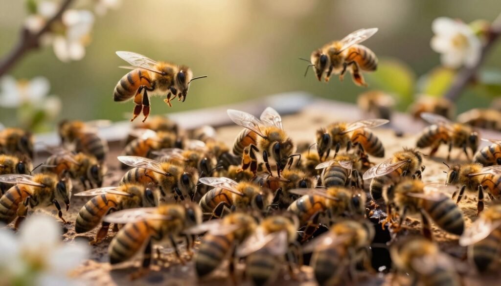 A close-up observation of a beehive exhibiting noticeable behavioral changes among the bees, emphasizing chaotic activity and disorientation. In the foreground, a cluster of worker bees appears agitated, some flying erratically while others are clustered in unusual patterns around the hive entrance. In the middle ground, a queen bee can be seen, neglected by the surrounding workers, contrasting her regal appearance with the surrounding turmoil. The background features a lush garden with blooming flowers, bathed in soft, golden sunlight that creates a serene yet unsettling atmosphere. Capture the image from a slightly elevated angle to provide depth, using a shallow depth of field to focus on the bees while gently blurring the background for a more immersive effect.