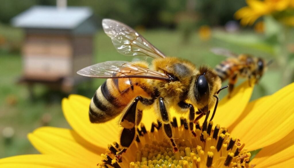 A close-up of a K-wing bee, showcasing its unique deformed wings. The bee should be depicted in sharp detail, with iridescent yellow and black stripes, highlighting the distinct wing deformities that characterize the K-wing condition. In the foreground, focus on the bee perched on a vibrant flower, such as a sunflower, to emphasize its delicate features. In the middle ground, include subtle blurred hints of a beehive and additional healthy bees, contrasting the focus on the deformed bee. The background should feature a softly blurred garden scene, bathed in natural sunlight, creating a warm and informative atmosphere. Use a macro lens effect to capture intricate textures and colors, evoking a sense of urgency to understand the condition.