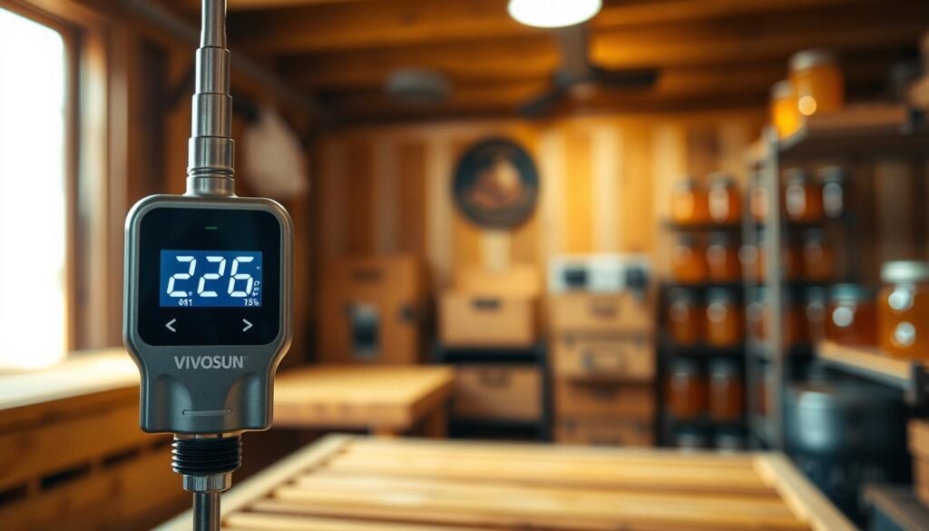 A close-up of a VIVOSUN temperature and humidity sensor probe, prominently displayed in the foreground, showcasing its sleek and modern design with a digital readout. The probe has a metallic finish with clear temperature and humidity metrics glowing softly. In the middle ground, there's a neatly organized honey room setup, featuring wooden honey frames and beekeeping equipment, illuminated with warm, ambient lighting that conveys a cozy, productive atmosphere. The background includes shelves lined with jars of honey, slightly out of focus, creating a depth of field effect. The overall mood is focused and industrious, highlighting the importance of accurate temperature monitoring in beekeeping, framed beautifully with a soft bokeh effect.