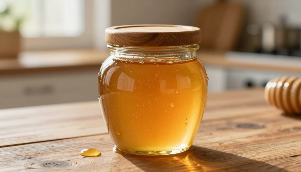 A close-up of a beautifully crafted glass jar of honey, sealed tightly with a wooden lid, showcasing the rich golden color of the honey inside. The jar should be placed on a rustic wooden table, with a few droplets of honey glistening on its surface. In the background, softly blurred, there are hints of a warm kitchen setting, with natural sunlight streaming through a window, creating a cozy and inviting atmosphere. The lighting should be warm and soft, highlighting the texture of the honey and the jar. The composition should be centered, conveying a sense of care and preservation, evoking the best practices for storing honey in an airtight container.