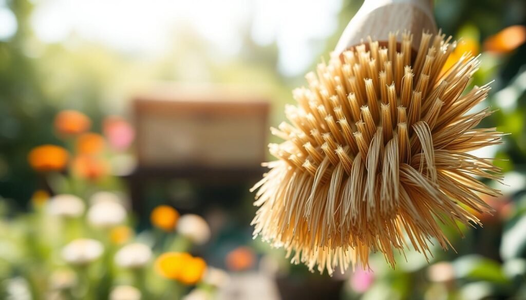 A close-up of a bee brush featuring natural bristles, showcasing its intricate craftsmanship and soft, flexible bristles designed for gentle bee handling. The foreground highlights the brush, with glistening bristles catching soft, diffused sunlight, revealing their texture and organic materials. In the middle ground, a blurred hive can be subtly seen, suggesting the brush's use in bee inspections. The background features a serene garden setting with gentle green hues and colorful flowers, creating a peaceful ambiance. The scene is captured with a slight depth of field effect, focusing on the brush while the surroundings remain softly blurred. The overall mood is calm and natural, emphasizing the tool's eco-friendly design and its role in gentle inspections.
