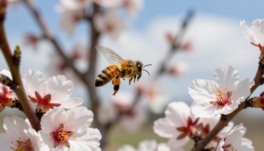 A close-up of a bee in mid-flight, its delicate wings blurred with motion, showcasing the intricate details of its fuzzy body and vibrant yellow and black stripes. The foreground features vivid blossoms of almond trees, with soft pink and white petals contrasting against the sunlight. In the middle ground, a soft focus captures the branches of the almond trees, swaying gently in a light breeze, reflecting the impact of weather on pollination. The background features a blue sky dotted with soft, fluffy clouds, hinting at a pleasant, warm day ideal for a bee’s activity. Bright, natural lighting emphasizes the freshness of the scene, bringing a sense of vitality and the essence of spring. The overall mood is serene and harmonious, highlighting the critical role of bees in the ecosystem.