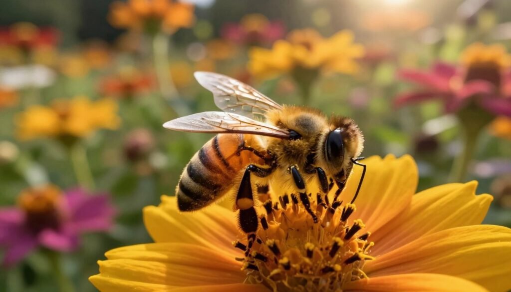 A close-up of a bee on a vibrant flower, showcasing its delicate wings and fuzzy body covered in pollen. In the foreground, the bee is sharply focused with intricate details of its anatomy, while the flower petals appear slightly blurred, emphasizing the bee’s importance in pollination. In the middle ground, a lush garden filled with a variety of blossoms creates a rich, colorful backdrop that celebrates nature’s beauty. The lighting is warm and golden, simulating soft sunlight filtering through the leaves, casting gentle shadows and enhancing the natural colors. The atmosphere is serene and hopeful, reflecting the crucial role bees play in the ecosystem, as well as the need for their protection.