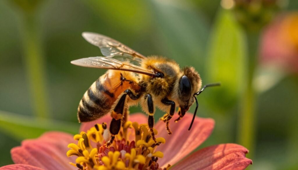 A close-up of a bee showcasing subtle signs of deformity from the Deformed Wing Virus while foraging on a vibrant flower. The bee, with noticeably malformed wings, is in sharp focus (85mm lens) against a softly blurred, lush green background of foliage. The lighting is soft and natural, with the warm glow of golden hour sunlight creating a gentle atmosphere that highlights the delicate details of the bee's body and the textures of the flower petals. The scene captures a sense of urgency and determination as the bee navigates its environment, reflecting character and resilience despite the challenges posed by the virus. The overall mood is contemplative, inviting the viewer to consider the impact of environmental stresses on these vital pollinators.