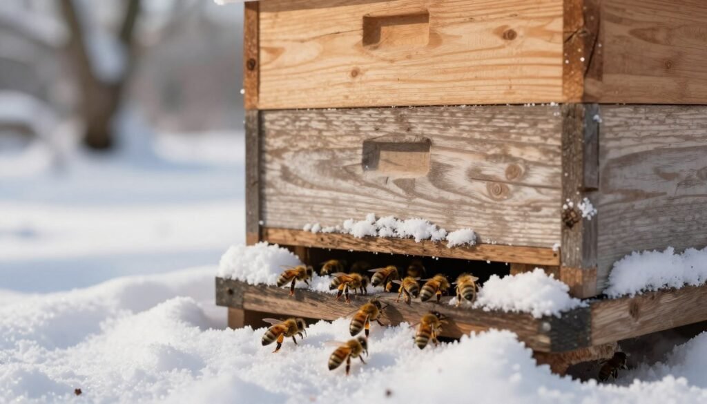 A close-up of a beehive entrance in winter, showcasing a small, wooden hive with a well-defined entrance surrounded by a light dusting of snow. In the foreground, bees can be seen buzzing in and out of the entrance, some landing on the snow, while others cling to the hive. The middle layer features the hive itself, emphasizing its rustic texture and natural wood color, with frost gently clinging to the edges. In the background, soft-focus snow-covered trees create a tranquil winter atmosphere, with low, diffused sunlight casting a gentle glow, highlighting the hive's features. The overall mood is serene and quiet, capturing the essence of winter beekeeping.