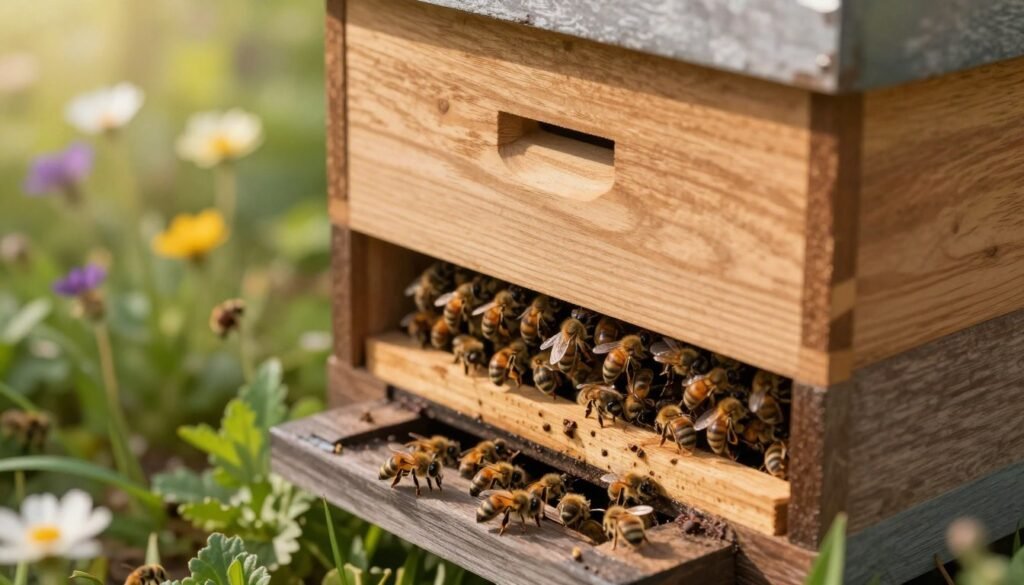 A close-up of a beehive with attention to ventilation features, showcasing the intricate wooden structure and purposeful openings for airflow. In the foreground, highlight the hive entrance with bees coming and going, with a gentle green plant surrounding the base. In the middle ground, display the hive body with ventilation slits, ensuring the details of the bee colony are visible, such as bees working diligently within. The background should softly blur into a sunlit garden filled with blooming flowers, emphasizing the natural environment. Use warm, soft lighting to create an inviting atmosphere, capturing the essence of a thriving ecosystem while managing humidity and airflow within the hive, shot from a slightly elevated angle for depth.