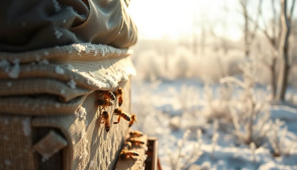A close-up of a beehive wrapped in protective insulation for cold climates, showcasing moisture control techniques. In the foreground, focus on unique hive wraps made from breathable, weather-resistant materials, reflecting moisture wicking properties. The middle ground features bees active at the entrance, demonstrating their natural behavior, while a layer of frost outlines the hive, signifying cold temperatures outside. In the background, a soft, muted landscape of wintry trees fades into the distance, hinting at a serene, chilly environment. The lighting should be bright yet soft, capturing the golden hue of sunlight filtering through the frost. The composition conveys a sense of warmth and protection amidst cold, emphasizing the balance between moisture control and warmth essential for hive health.