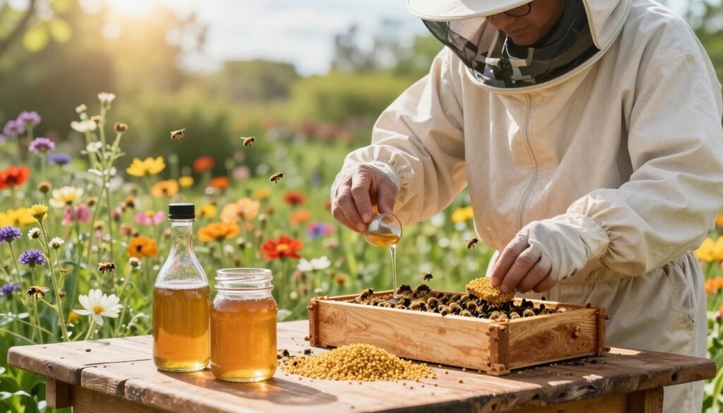 A close-up of a beekeeper in a light-colored protective suit carefully selecting a food source for bees, standing in a vibrant garden filled with colorful wildflowers. In the foreground, a selection of bee feed, such as sugar syrup and pollen patties, is prominently displayed on a rustic wooden table. The middle ground showcases the beekeeper gently pouring syrup into a feeder, surrounded by lively bees buzzing around the flowers. The background features a bright, sunny day with soft, diffused light filtering through the leaves, enhancing the warmth of the scene. The atmosphere is calm and nurturing, emphasizing the importance of providing the right nutrition for bees. Shot with a shallow depth of field to keep focus on the beekeeper and food sources, conveying a sense of care and responsibility. A close-up of a beekeeper in a light-colored protective suit carefully selecting a food source for bees, standing in a vibrant garden filled with colorful wildflowers. In the foreground, a selection of bee feed, such as sugar syrup and pollen patties, is prominently displayed on a rustic wooden table. The middle ground showcases the beekeeper gently pouring syrup into a feeder, surrounded by lively bees buzzing around the flowers. The background features a bright, sunny day with soft, diffused light filtering through the leaves, enhancing the warmth of the scene. The atmosphere is calm and nurturing, emphasizing the importance of providing the right nutrition for bees. Shot with a shallow depth of field to keep focus on the beekeeper and food sources, conveying a sense of care and responsibility.