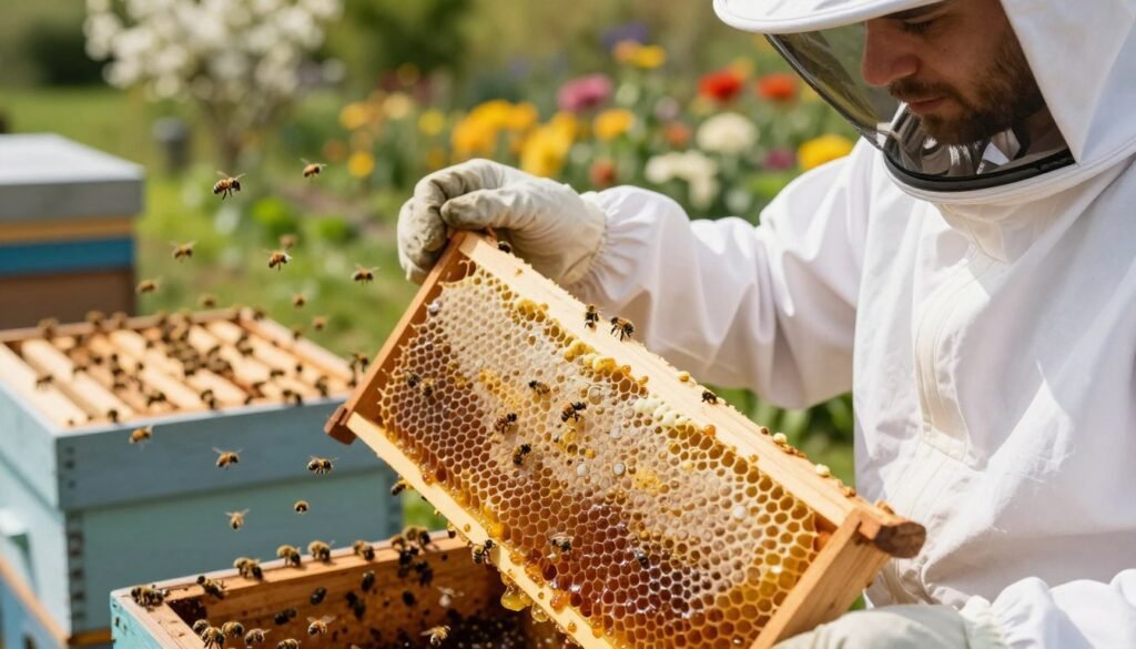 A close-up of a beekeeper in a white protective suit, inspecting a hive frame filled with honeycomb, showing signs of fermentation. The frame is held in the foreground with glistening honey and tiny bubbles visible on the surface, indicating fermentation. In the middle ground, a well-maintained bee colony can be observed, with bees busily flying around the hive, creating a sense of activity. The background features a warm, sunlit garden with blooming flowers, adding color and life to the scene. Soft, natural lighting enhances the details of the honey and the beekeeper’s focused expression. A slightly blurred depth of field draws attention to the fermentation process while maintaining a clear depiction of the healthy environment surrounding the hive. The atmosphere is informative and serene. A close-up of a beekeeper in a white protective suit, inspecting a hive frame filled with honeycomb, showing signs of fermentation. The frame is held in the foreground with glistening honey and tiny bubbles visible on the surface, indicating fermentation. In the middle ground, a well-maintained bee colony can be observed, with bees busily flying around the hive, creating a sense of activity. The background features a warm, sunlit garden with blooming flowers, adding color and life to the scene. Soft, natural lighting enhances the details of the honey and the beekeeper’s focused expression. A slightly blurred depth of field draws attention to the fermentation process while maintaining a clear depiction of the healthy environment surrounding the hive. The atmosphere is informative and serene.