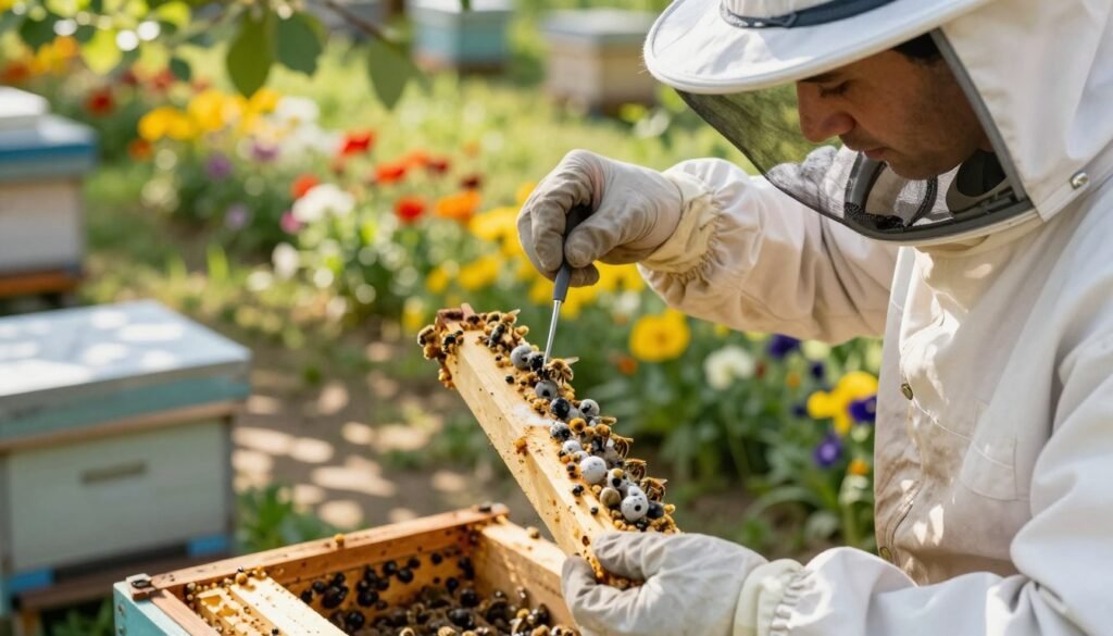 A close-up of a beekeeper in a white suit and veil, carefully examining a beehive frame with chalkbrood mummies in a sunny apiary. The beekeeper holds the frame with one hand while using a small tool to remove the infected larvae. In the background, colorful flowers bloom, enhancing the vibrant atmosphere, with soft sunlight filtering through the leaves, creating dappled light patterns on the ground. The image captures the urgency and attention to detail in managing fungal outbreaks, emphasizing the beekeeper's focus and dedication. The scene is framed with a shallow depth of field, focusing on the interaction while softly blurring the surrounding hive structure. The overall mood conveys a sense of responsibility and care in protecting bee health.