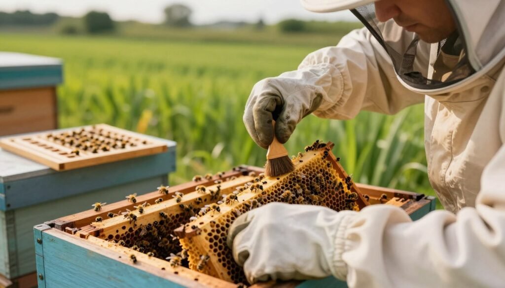 A close-up of a beekeeper in professional attire, carefully inspecting bee frames in a wooden hive, focusing specifically on the management of varroa mite levels. The foreground features the beekeeper's gloved hands delicately examining a frame filled with bees, highlighting the mites with small, detailed brushes or tools. In the middle ground, the open hive is filled with active bees, and equipment like a mite counting board is visible. The background shows lush green fields under soft, warm natural lighting that evokes a calm, focused atmosphere. The scene captures the essential practices of pest management, illustrating both the diligence and care involved in maintaining bee health while ensuring a balanced ecosystem.