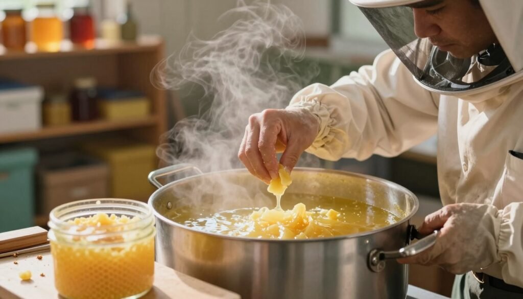 A close-up of a beekeeper in professional attire, gently melting beeswax scraps in a double boiler, with steam rising, revealing the process of removing impurities. In the foreground, show the clean, golden beeswax in a clear glass container, with small bits of debris beside it. The middle ground features the pot with bubbling wax, reflecting soft sunlight. In the background, blurred shelves filled with beekeeping tools and jars of honey create depth, emphasizing the environment of an apiary workspace. Use warm, natural lighting to evoke a cozy, industrious atmosphere, with a shallow depth of field to focus on the wax and the beekeeper’s focused expression.