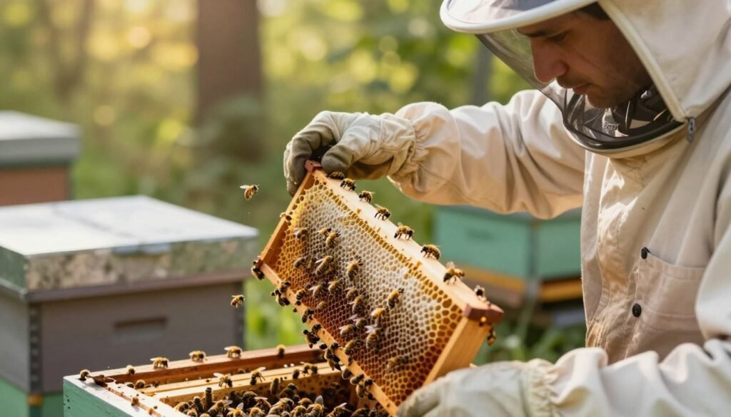 A close-up of a beekeeper in professional attire, inspecting a busy hive after experiencing a balling incident, surrounded by bees. The beekeeper, concentrating intently, holds a frame filled with honeycomb, demonstrating a careful approach to managing the colony. In the foreground, vibrant yellow and black bees can be seen buzzing around, some resting on the frame. In the middle ground, additional hives are visible, suggesting a well-organized apiary. The background is softly blurred, with green foliage and sunlight filtering through trees, creating a warm, serene atmosphere. The lighting is natural, highlighting the beekeeper's focused demeanor. The scene conveys a mood of diligence and caretaking, emphasizing the importance of hive management during sensitive situations.