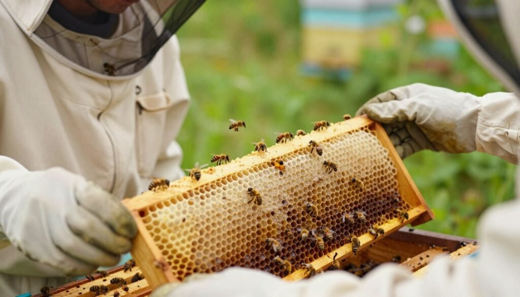 A close-up of a beekeeper in professional attire, inspecting a frame filled with honeycomb, highlighting signs of infection in a colony due to European Foulbrood. The foreground features the beekeeper's gloved hands delicately handling the frame, showcasing discolored larvae and abnormal brood patterns. In the middle ground, a beehive is visible with bees actively buzzing around, some appearing distressed. The background depicts a natural setting with lush greenery, indicating a thriving environment contrasted by the infected hive. Soft, warm lighting evokes a sense of concern and urgency, with a shallow depth of field focusing on the diagnostic elements. The atmosphere is serious yet hopeful, emphasizing the importance of early detection and intervention in bee health.