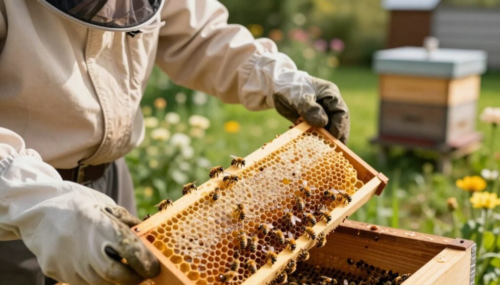 A close-up of a beekeeper in smart casual attire carefully examining a queen bee on a frame filled with honeycomb. The foreground features the beekeeper’s gloved hands, gently cradling the frame, showcasing the queen surrounded by worker bees. The middle ground highlights the intricate details of the honeycomb, with shimmering golden honey glistening in the sunlight. In the background, a lush backyard filled with flowering plants, soft green grass, and a wooden beehive, all bathed in warm afternoon light. The focus is sharp on the queen bee, creating a calm yet purposeful atmosphere, evoking the importance of selecting the right queen for a healthy hive. The scene conveys a bright, optimistic mood, showcasing the beauty of backyard beekeeping.