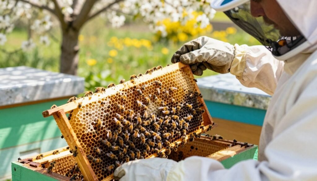 A close-up of a beekeeping inspection, focusing on managing swarm cells inside a hive. In the foreground, a beekeeper wearing a protective suit and gloves carefully examines a frame filled with bees, showcasing visible swarm cells in the comb. The middle ground features several honeycomb frames, with vivid details of bees working together, illustrating their natural behaviors. In the background, a sunny outdoor setting with blooming flowers and a few trees, casting soft light on the scene for a bright and inviting atmosphere. The camera angle captures the beekeeper's concentration, emphasizing the importance of swarm cell management. The overall mood is calm yet focused, reflecting a dedicated approach to beekeeping.