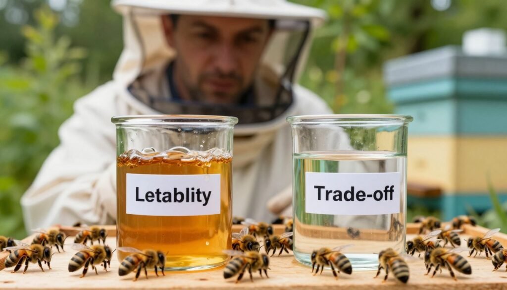 A close-up of a beekeeping scene illustrating the concept of lethality trade-off in bee colony management. In the foreground, showcase two glass containers: one filled with sticky sugar solution and the other with alcohol, each labeled clearly. Surround them with healthy bees in the foreground, symbolizing vitality and activity. In the middle ground, depict a beekeeper in professional attire, examining the results under soft, natural lighting, capturing a thoughtful expression. The background features lush green hives, hinting at a thriving environment. The overall mood should convey a balance of concern and care, reflecting the complexities of managing bee health with these methods. Use a shallow depth of field to draw attention to the focal elements.