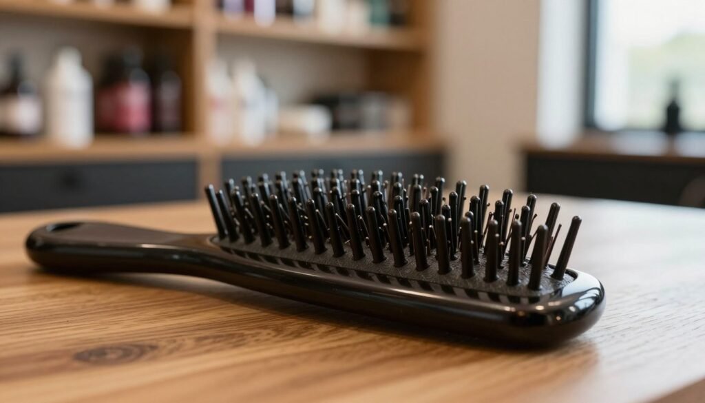 A close-up of a burr comb lying on a wooden grooming table, highlighting its distinct, rounded teeth designed for textured hair. The comb's dark, polished surface gleams subtly under soft, warm lighting, accentuating the fine details of its craftsmanship. In the background, blurred shelves hold various hair care products, creating a professional salon atmosphere. The focus is crisp on the comb, with a shallow depth of field to emphasize its unique features. A natural light source from an adjacent window casts gentle shadows, enhancing the sleekness of the comb. The overall mood is clean and informative, inviting the viewer to appreciate the intricacies of the burr comb. A close-up of a burr comb lying on a wooden grooming table, highlighting its distinct, rounded teeth designed for textured hair. The comb's dark, polished surface gleams subtly under soft, warm lighting, accentuating the fine details of its craftsmanship. In the background, blurred shelves hold various hair care products, creating a professional salon atmosphere. The focus is crisp on the comb, with a shallow depth of field to emphasize its unique features. A natural light source from an adjacent window casts gentle shadows, enhancing the sleekness of the comb. The overall mood is clean and informative, inviting the viewer to appreciate the intricacies of the burr comb.
