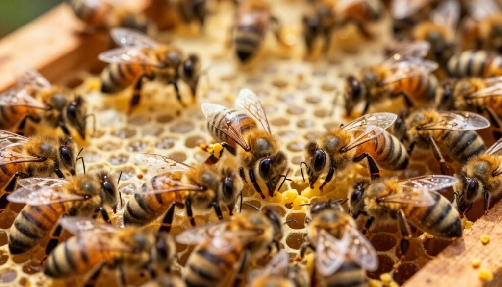 A close-up of a bustling bee colony in a hive, focusing on laying workers surrounded by honeycomb. The foreground captures bees with distinct features: some positioned near eggs, while others are visibly caring for them. In the middle ground, the hive's intricate structure is highlighted, with textured wax and a few worker bees gathering pollen. The background features a warm, golden light filtering through the hive, creating a natural, inviting atmosphere, emphasizing the challenges and risks the bees face. The scene should convey a sense of urgency and determination, reflecting the struggle of laying workers to sustain their colony amidst adversity. Use a macro lens perspective to accentuate the details in the bees and hive.