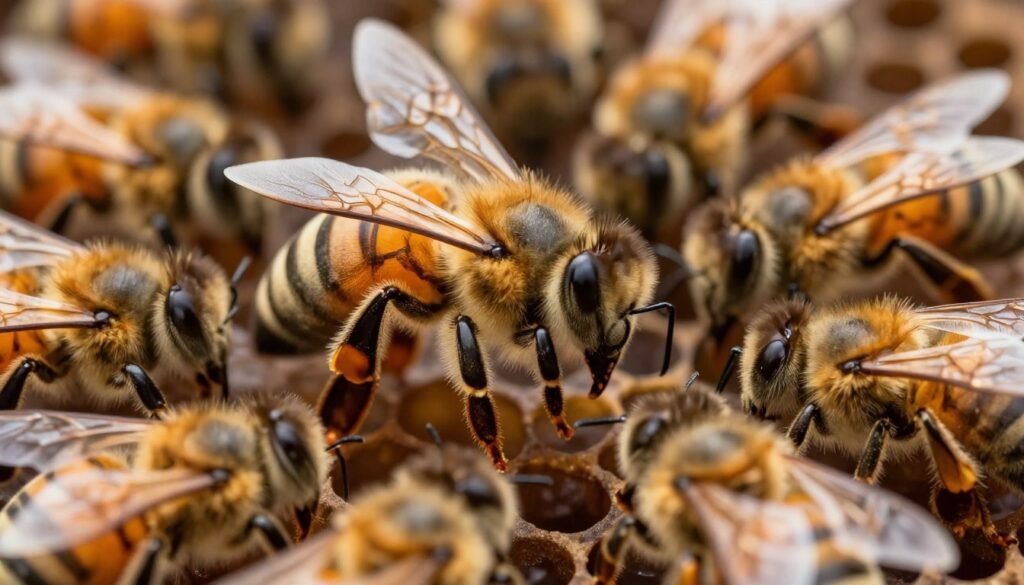 A close-up of a caged queen bee showing signs of aggression, with her body positioned in a defensive stance, mandibles slightly open, and wings raised. Surrounding her are worker bees exhibiting defensive postures, creating a chaotic, tension-filled environment. The background features hexagonal honeycomb, partially blurred for depth, with soft, diffused lighting emphasizing the golden hues of the bees. Use a macro lens to capture intricate details of the queen's thorax and the iridescent wings of the workers. The atmosphere is tense and charged, reflecting the struggle for dominance within the hive. Ensure the scene conveys the raw energy and instinctual behavior of bees, fostering a sense of urgency without any textual elements.