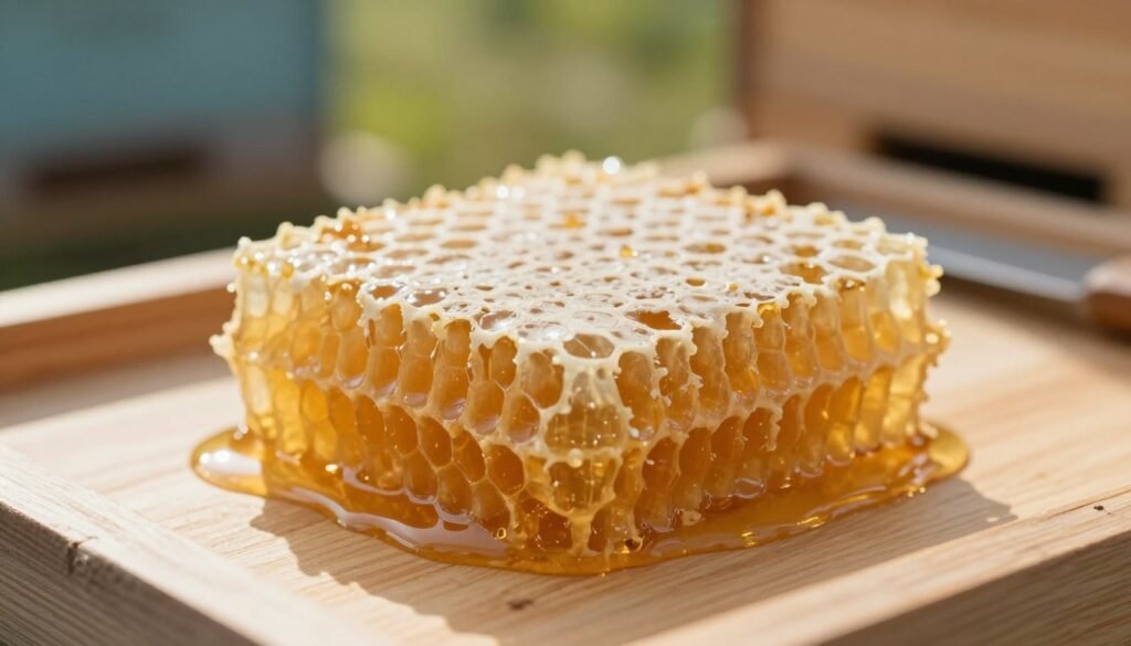 A close-up of a fragile piece of freshly crafted comb, revealing its intricate hexagonal cells filled with golden honey. The comb is gently placed on a light-colored wooden surface to emphasize its delicate nature. Soft, diffused morning light illuminates the scene, casting a warm, inviting glow on the honey, highlighting its texture and sheen. In the background, blurred hints of a beekeeping setup, such as a wooden hive and tools, create a harmonious atmosphere without distracting from the comb. The shallow depth of field focuses on the comb, enhancing its fragility and beauty, while the overall mood reflects the care and attention required in handling such a delicate creation.