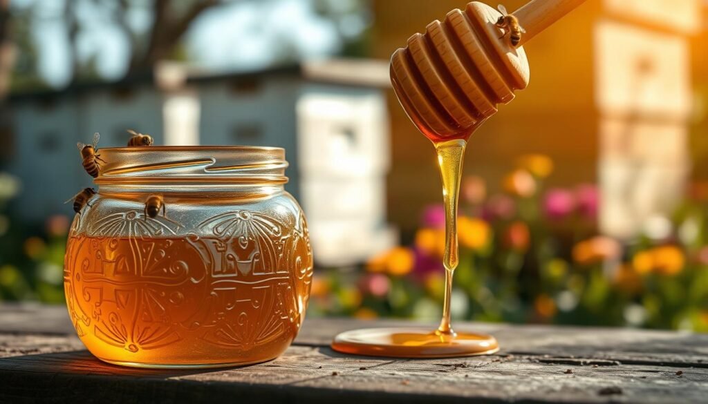 A close-up of a golden honey jar with intricate details, sitting on a rustic wooden surface. In the foreground, bees can be seen gently landing on the jar, illustrating the connection between beekeepers and their craft. The middle layer showcases a honey dipper with honey dripping off it, glistening in the soft sunlight. The background features a blurred apiary with hives, surrounded by vibrant flowers, creating a serene atmosphere. The lighting is warm and natural, giving a sense of peacefulness and sustainability. The image captures the essence of honey production and beekeeping, emphasizing the beauty of this natural product in a harmonious setting. A close-up of a golden honey jar with intricate details, sitting on a rustic wooden surface. In the foreground, bees can be seen gently landing on the jar, illustrating the connection between beekeepers and their craft. The middle layer showcases a honey dipper with honey dripping off it, glistening in the soft sunlight. The background features a blurred apiary with hives, surrounded by vibrant flowers, creating a serene atmosphere. The lighting is warm and natural, giving a sense of peacefulness and sustainability. The image captures the essence of honey production and beekeeping, emphasizing the beauty of this natural product in a harmonious setting.