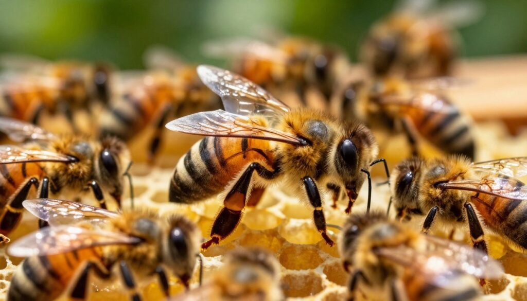 A close-up of a healthy queen bee in a vibrant hive environment, showcasing her elongated abdomen and distinct markings, surrounded by worker bees tending to her. The foreground features detailed, iridescent bee wings fluttering gently, while the middle ground emphasizes the queen's regal presence against a backdrop of golden honeycomb and lush green foliage. Soft sunlight filters through the hive entrance, creating a warm glow that enhances the bees' natural colors. The angle is slightly elevated, providing an intimate view of the colony's activity, evoking a sense of harmony and thriving life within the hive. The mood is optimistic and nurturing, reflecting the health of the queen bee and the vibrancy of the bee colony. A close-up of a healthy queen bee in a vibrant hive environment, showcasing her elongated abdomen and distinct markings, surrounded by worker bees tending to her. The foreground features detailed, iridescent bee wings fluttering gently, while the middle ground emphasizes the queen's regal presence against a backdrop of golden honeycomb and lush green foliage. Soft sunlight filters through the hive entrance, creating a warm glow that enhances the bees' natural colors. The angle is slightly elevated, providing an intimate view of the colony's activity, evoking a sense of harmony and thriving life within the hive. The mood is optimistic and nurturing, reflecting the health of the queen bee and the vibrancy of the bee colony.