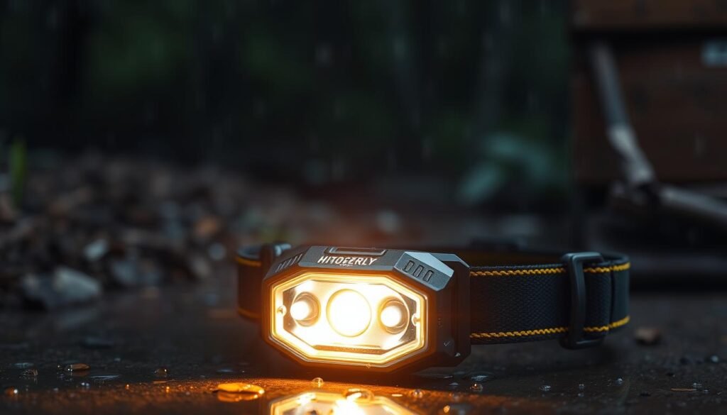 A close-up of a high-quality headlamp designed for outdoor use, showcasing its durable, waterproof casing made from rugged materials. The foreground features the headlamp illuminated, casting a warm, inviting light that highlights its adjustable straps and ergonomic design. In the middle of the image, a backdrop of a dark, rugged outdoor environment, possibly a wooded area or a hive inspection site, adds to the realism. Raindrops shimmer on the headlamp, emphasizing its waterproof capabilities. The scene is captured at a slightly low angle to enhance the headlamp's prominence, with soft diffused lighting creating a focused yet inviting atmosphere, perfect for low-light conditions. No human subjects are present, keeping the focus solely on the product.