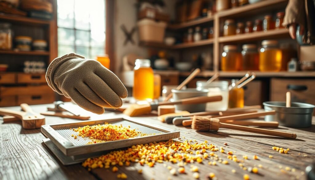 A close-up of a hobby beekeeper carefully cleaning pollen traps in a bright, sunlit workshop. In the foreground, detailed hands in modest gloves gently remove pollen granules from a mesh filter, with small, colorful particles vividly scattered around. The middle ground features various tools for processing pollen, such as brushes and containers, artistically arranged on a rustic wooden table. In the background, shelves hold jars filled with raw honey and beekeeping equipment, creating a warm, inviting atmosphere. Soft, natural lighting filters through a window, highlighting the vibrant colors of the pollen and giving the scene a productive, serene mood. A shallow depth of field focuses on the hands and tools, enhancing the craftsmanship involved in this essential cleaning process.