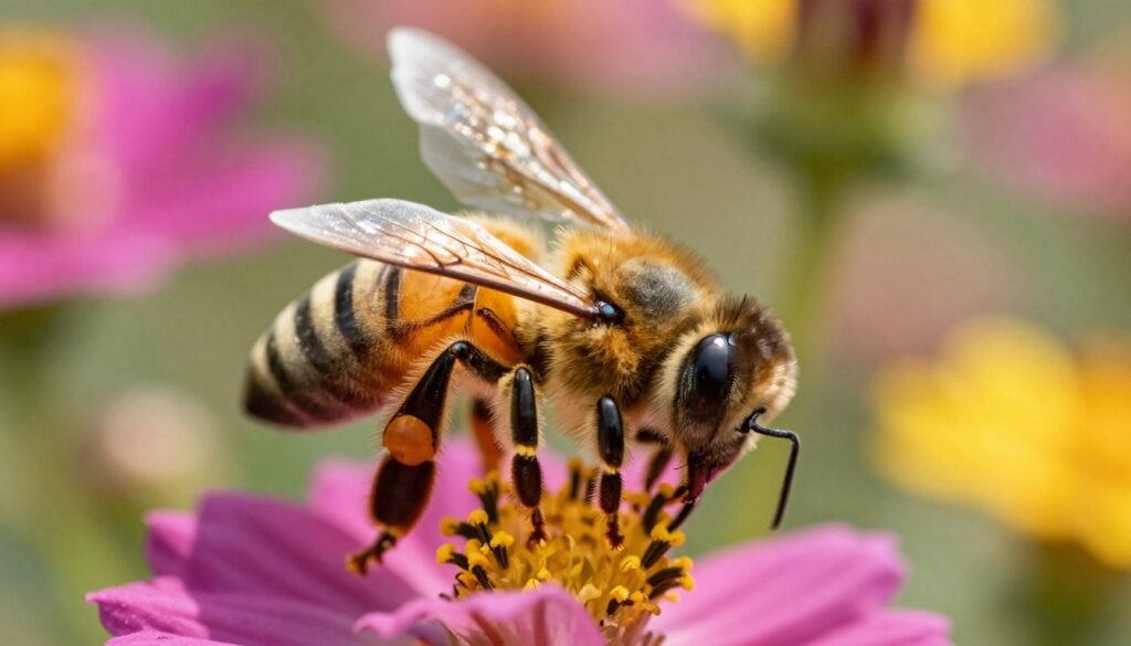 A close-up of a honey bee on a vibrant flower, showcasing its detailed body structure and wings shimmering in the sunlight. The foreground highlights the bee, with its eyes reflecting tiny prismatic colors, emphasizing its nutritional status as it collects pollen. In the middle ground, a selection of blooming flowers provides a rich and diverse environment, illustrating the bee's foraging habitat. The background features a soft, blurred garden scene with warm, natural lighting to create an inviting atmosphere. The overall mood is uplifting and vibrant, emphasizing the importance of nutrition for the immune response in bees. Use a macro lens effect for fine details and a slightly shallow depth of field to draw focus to the bee's interactions with its surroundings.