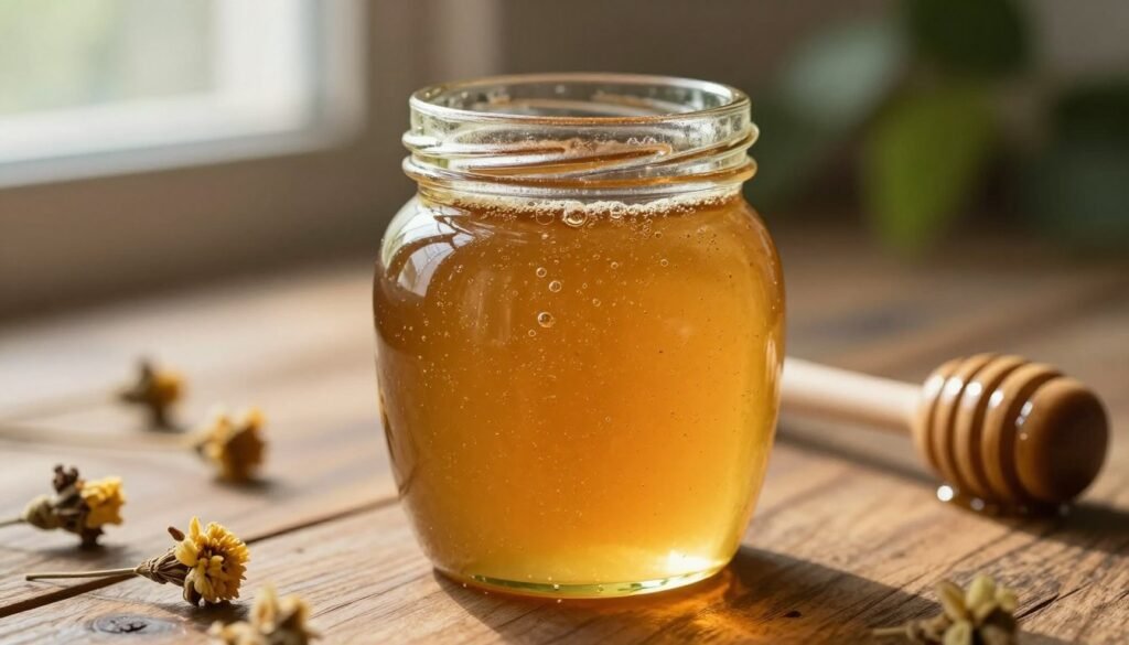 A close-up of a honey jar, focusing on the thick, golden liquid with visible bubbles indicating moisture content. The jar is placed on a rustic wooden table, surrounded by scattering of dry flowers and a small honey dipper, evoking a natural and artisanal vibe. Soft, warm light from a window casts gentle shadows, enhancing the rich amber hues of the honey. In the background, blurred greenery creates an organic ambiance that emphasizes purity and quality. Capture the texture of the honey, showcasing its viscosity as it glistens in the light, while ensuring the overall mood is calm and inviting. The composition should highlight the intricacies of moisture content in honey, making it an illustrative representation of quality.