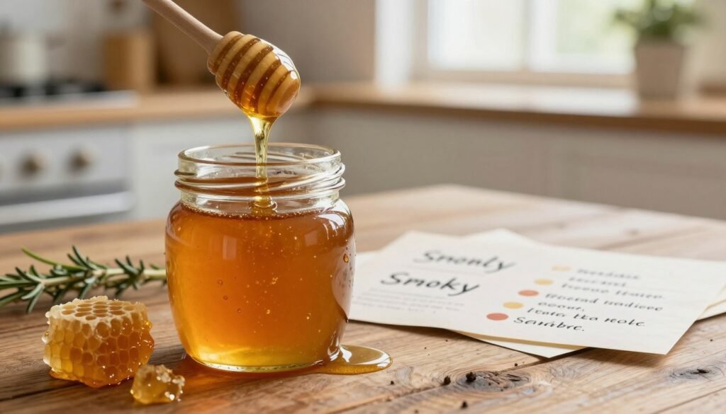 A close-up of a honey jar placed on a rustic wooden table, revealing its rich, golden amber color and smooth texture. In the foreground, a spoon drizzles honey, capturing the viscous flow, with droplets reflecting light. Beside the jar, a variety of natural elements like small honeycomb pieces and a couple of herbs, hinting at unique flavor profiles. In the middle ground, an artistically arranged selection of taste-testing notes and flavor descriptors, hinting at unusual flavors like smoky and spicy. The background features a blurred, warm-toned kitchen setting with soft, natural light filtering through a window, creating a cozy and inviting atmosphere. The overall mood conveys curiosity and exploration in the world of honey flavors. A close-up of a honey jar placed on a rustic wooden table, revealing its rich, golden amber color and smooth texture. In the foreground, a spoon drizzles honey, capturing the viscous flow, with droplets reflecting light. Beside the jar, a variety of natural elements like small honeycomb pieces and a couple of herbs, hinting at unique flavor profiles. In the middle ground, an artistically arranged selection of taste-testing notes and flavor descriptors, hinting at unusual flavors like smoky and spicy. The background features a blurred, warm-toned kitchen setting with soft, natural light filtering through a window, creating a cozy and inviting atmosphere. The overall mood conveys curiosity and exploration in the world of honey flavors.