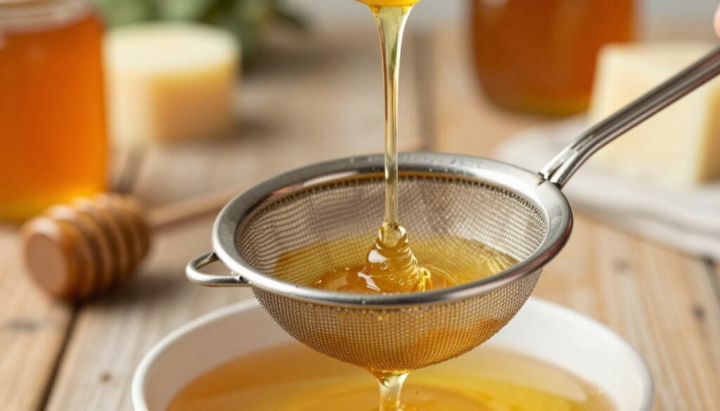 A close-up of a honey strainer in action, showcasing the rich, golden honey flowing through the mesh. In the foreground, the strainer's intricate mesh design is visible, with droplets of honey glistening under soft, warm lighting. The middle ground features a rustic wooden table with a small bowl catching the strained honey, and maybe a honey dipper resting beside it, suggesting a cozy, natural setting. In the background, soft hues of a natural kitchen environment blur, hinting at elements like jars of honey and beeswax candles. The atmosphere is warm and inviting, evoking the sweet essence of honey, with a slight focus on the texture and flow of the honey itself. The shot is taken from a slightly elevated angle to capture all the layers beautifully, creating a tranquil and artisanal mood.