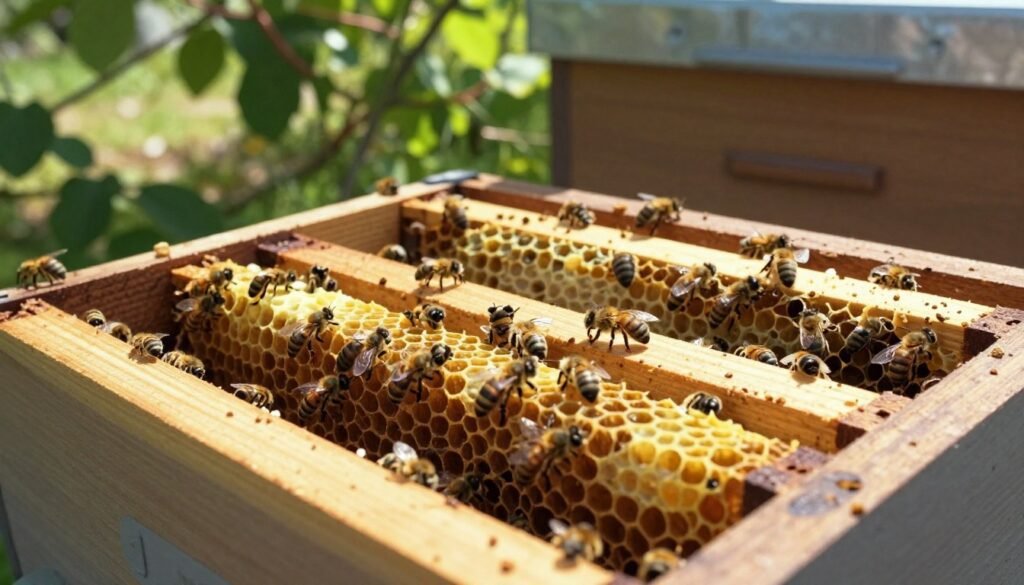 A close-up of a horizontally oriented beehive, showcasing brood frames. In the foreground, detailed wooden frames filled with larvae and capped cells, reflecting varying shades of brown and yellow wax. Each frame is filled with busy worker bees attending to brood, creating an organic sense of movement. The middle ground features the hive structure, emphasizing its horizontal design, with sections labeled but without text. The background includes a serene garden scene with soft sunlight filtering through green leaves, casting gentle shadows. The mood is tranquil yet productive, illustrating a harmonious environment for bee management. The scene is captured at an angle that highlights the intricate details of the hive and the bees, in bright, natural lighting that enhances the colors and textures. A close-up of a horizontally oriented beehive, showcasing brood frames. In the foreground, detailed wooden frames filled with larvae and capped cells, reflecting varying shades of brown and yellow wax. Each frame is filled with busy worker bees attending to brood, creating an organic sense of movement. The middle ground features the hive structure, emphasizing its horizontal design, with sections labeled but without text. The background includes a serene garden scene with soft sunlight filtering through green leaves, casting gentle shadows. The mood is tranquil yet productive, illustrating a harmonious environment for bee management. The scene is captured at an angle that highlights the intricate details of the hive and the bees, in bright, natural lighting that enhances the colors and textures.
