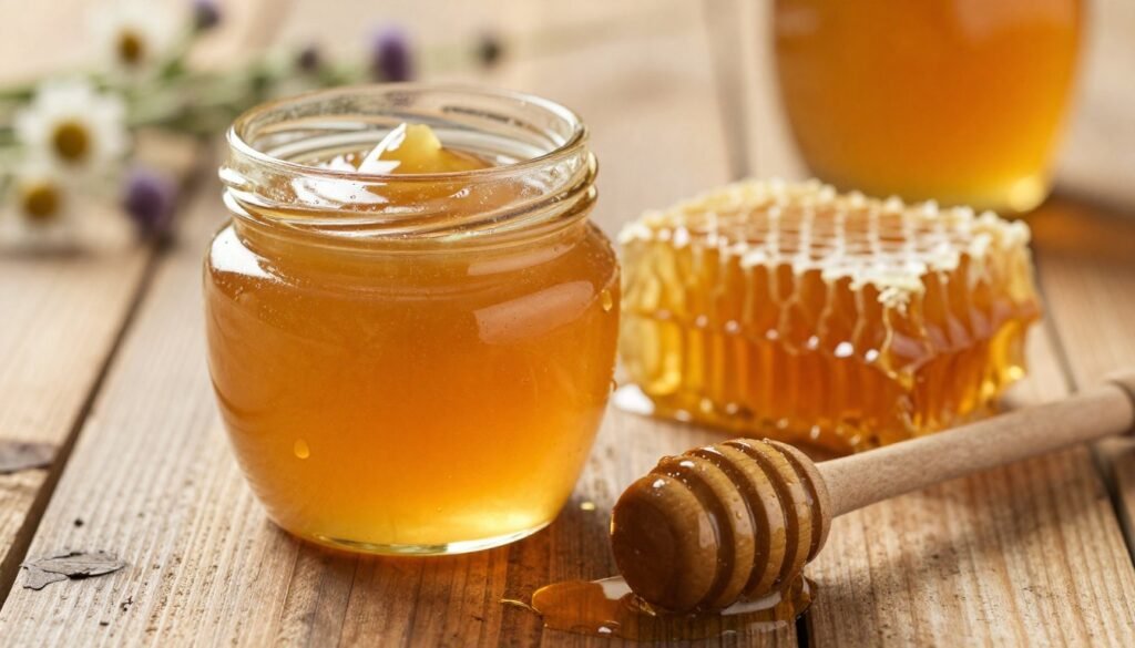 A close-up of a jar of creamed honey, showcasing its smooth, creamy texture and golden hue, placed on a rustic wooden table. In the foreground, a wooden honey dipper rests beside the jar, glistening with droplets of honey. The middle ground features a delicate honeycomb slice, with its rich amber color and intricate patterns. Soft, warm lighting casts a gentle glow, enhancing the honey’s richness and creating an inviting atmosphere. In the background, a blurred display of natural elements such as flowers and herbs, emphasizing the organic origins of the honey. The angle is at eye level, capturing the richness of the creamed honey as the focal point while evoking a sense of warmth and indulgence.